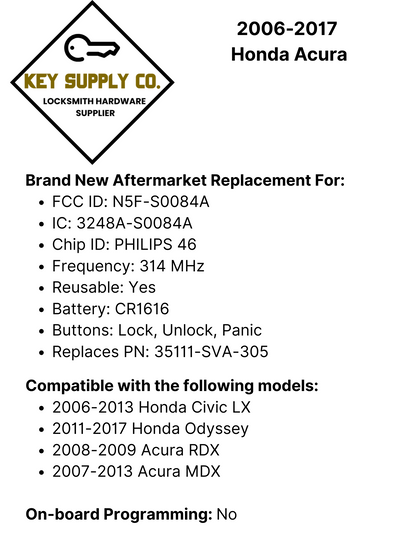 2006-2017 Honda Acura / 3-Button Remote Head Key / N5F-S0084A (AFTERMARKET)