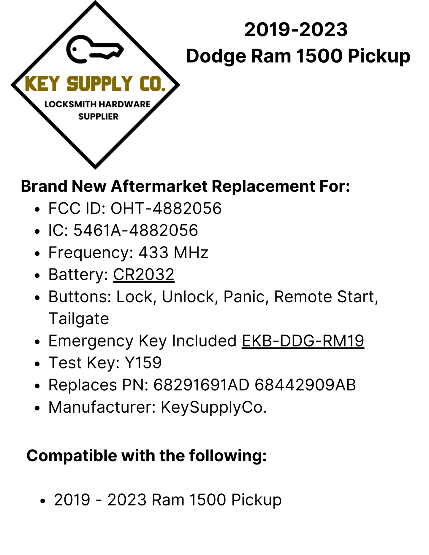 2019-2023 Dodge Ram 1500 Pickup / 5-Button Smart Key / PN: 68291691AD / OHT-4882056 (AFTERMARKET)