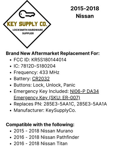 2015-2018 Nissan / 3-Button Smart Key / PN: 285E3-5AA1C / KR5S180144014 (AFTERMARKET)