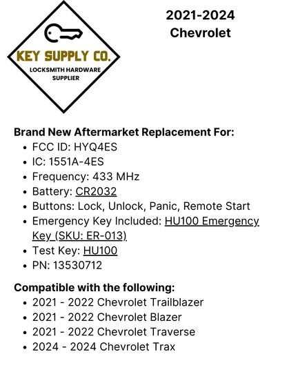 2021-2024 Chevrolet / 4-Button Smart Key / PN: 13530712 / HYQ4ES