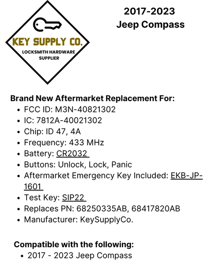2017-2023 Jeep Compass / 3-Button Smart Key / PN: 68250335AB / M3N-40821302 (AFTERMARKET)