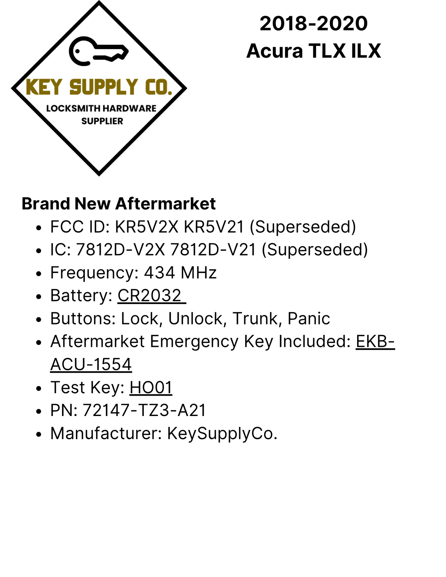 2018-2020 Acura TLX ILX / 4-Button Smart Key / PN: 72147-TZ3-A21 / KR5V2X (AFTERMARKET)