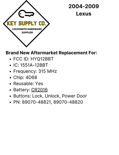 2004-2009 Lexus  / 3-Button Remote Head Key / PN: 89070-48821 / HYQ12BBT / (AFTERMARKET)