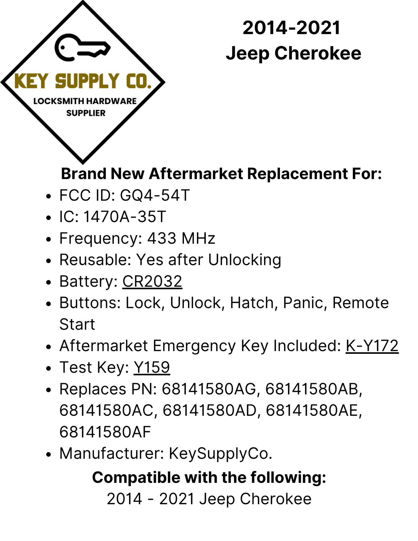 2014-2021 Jeep Cherokee / 5-Button Smart Key / GQ4-54T (AFTERMARKET)