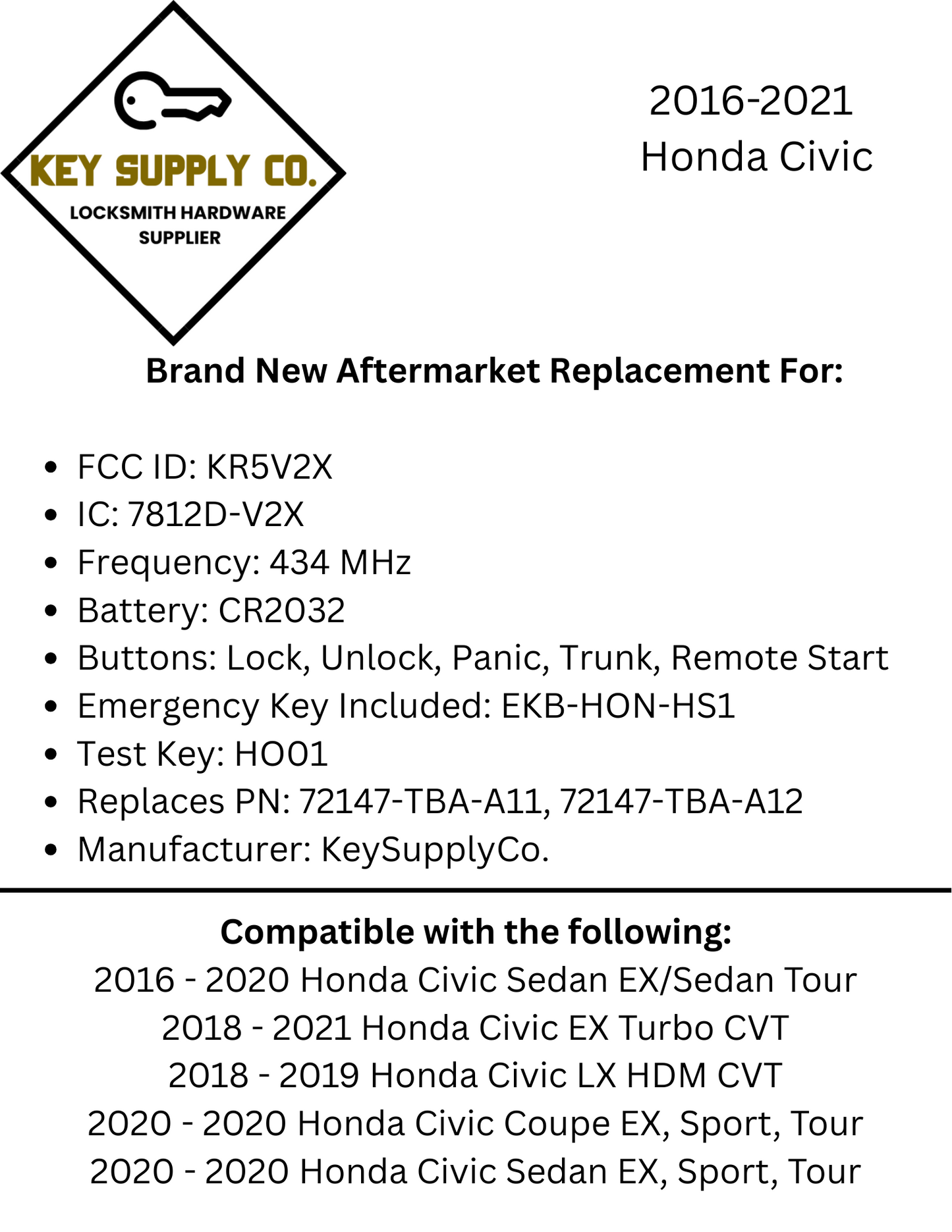 2016-2021 Honda Civic / 5-Button Smart Key / PN: 72147-TBA-A11 / KR5V2X (AFTERMARKET)