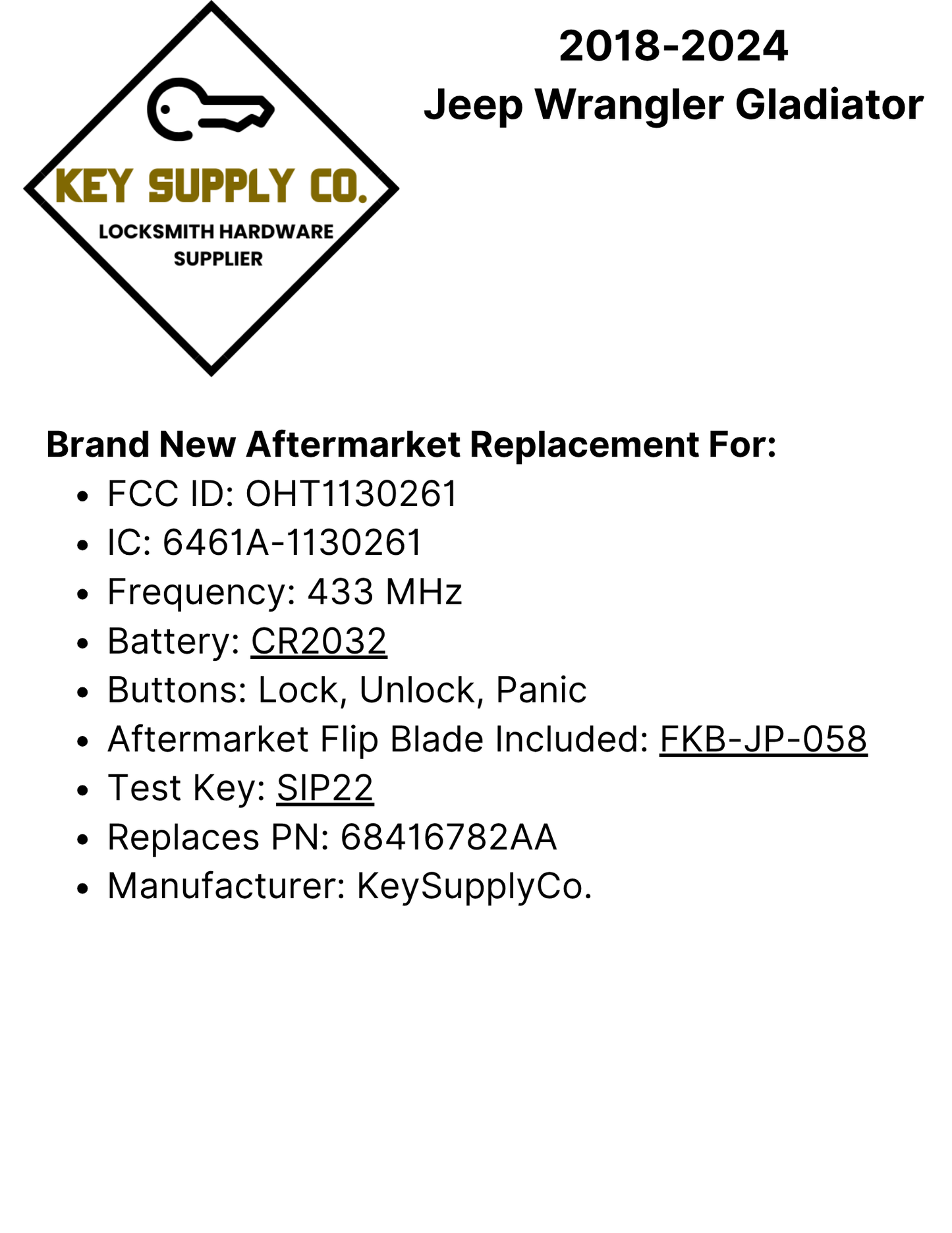 2018-2024 Jeep Wrangler Gladiator / 3-Button Smart Flip Key / PN: 68416782AA / OHT1130261 / SIP22 (AFTERMARKET)