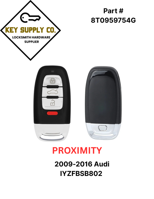 2009-2016 Audi / 4-Button Smart Key / PN: 8T0959754G / IYZFBSB802 / Comfort Access / 315 MHz (AFTERMARKET)