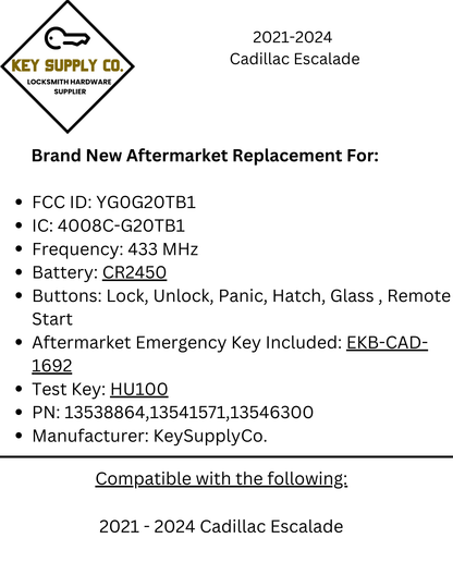 2021-2024 Cadillac Escalade / 6-Button Smart Key / PN: 13538864 / YG0G20TB1 (433 MHz) (AFTERMARKET)