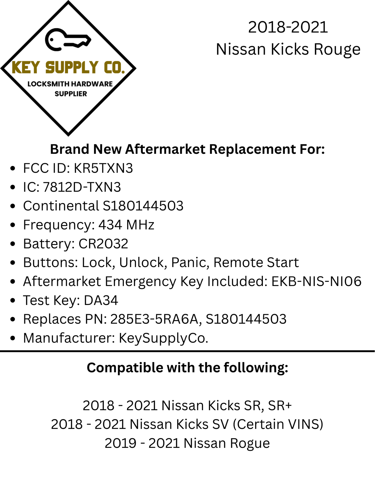 2018-2021 Nissan Kicks Rogue / 4-Button Smart Key / PN: 285E3-5RA6A / KR5TXN3 / S180144503 (AFTERMARKET)