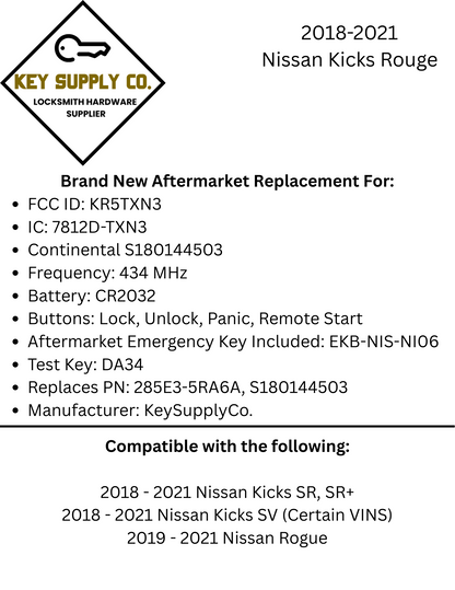 2018-2021 Nissan Kicks Rogue / 4-Button Smart Key / PN: 285E3-5RA6A / KR5TXN3 / S180144503 (AFTERMARKET)