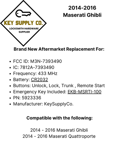 2014-2016 Maserati Ghibli / Quattroporte / 4-Button Smart Key w/ Remote Start / PN: 5923336 / M3N-7393490 (AFTERMARKET)