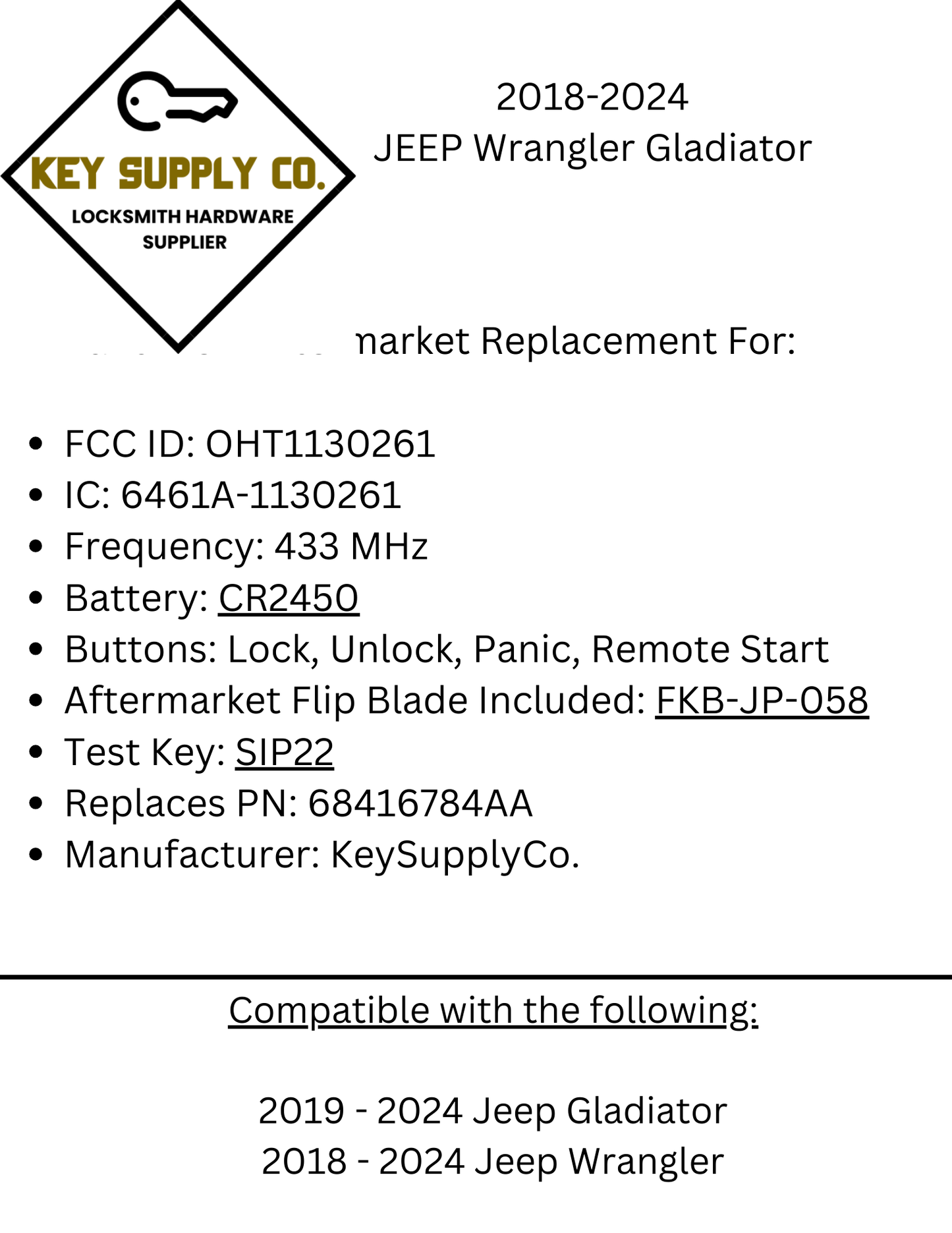 2018-2024 Jeep Wrangler Gladiator / 4-Button Smart Flip Key / PN: 68416784AA / OHT1130261 / SIP22 (AFTERMARKET)