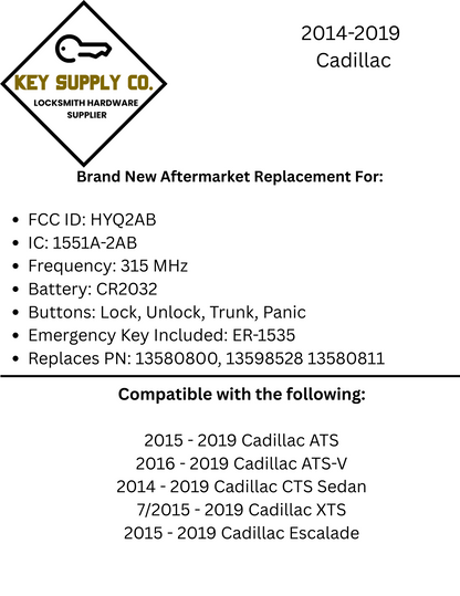 2014-2019 Cadillac / 5-Button Smart Key / PN: 13580811 / HYQ2AB (AFTERMARKET)