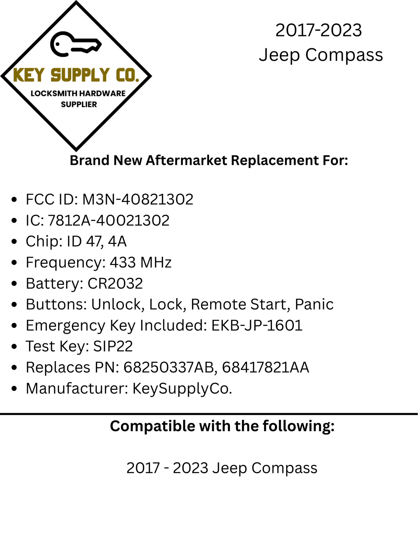 2017-2023 Jeep Compass / 4-Button Smart Key / PN: 68250337AB / M3N-40821302 (AFTERMARKET)