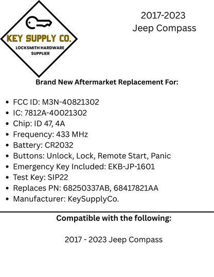 2017-2023 Jeep Compass / 4-Button Smart Key / PN: 68250337AB / M3N-40821302 (AFTERMARKET)