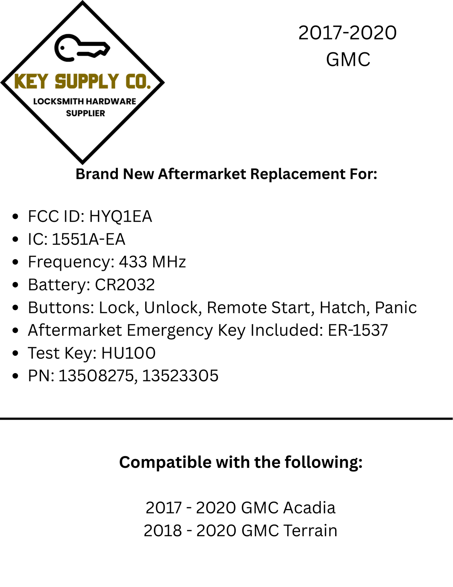 2017-2023 GMC / 5-Button Smart Key / PN: 13508275 / HYQ1EA (AFTERMARKET)