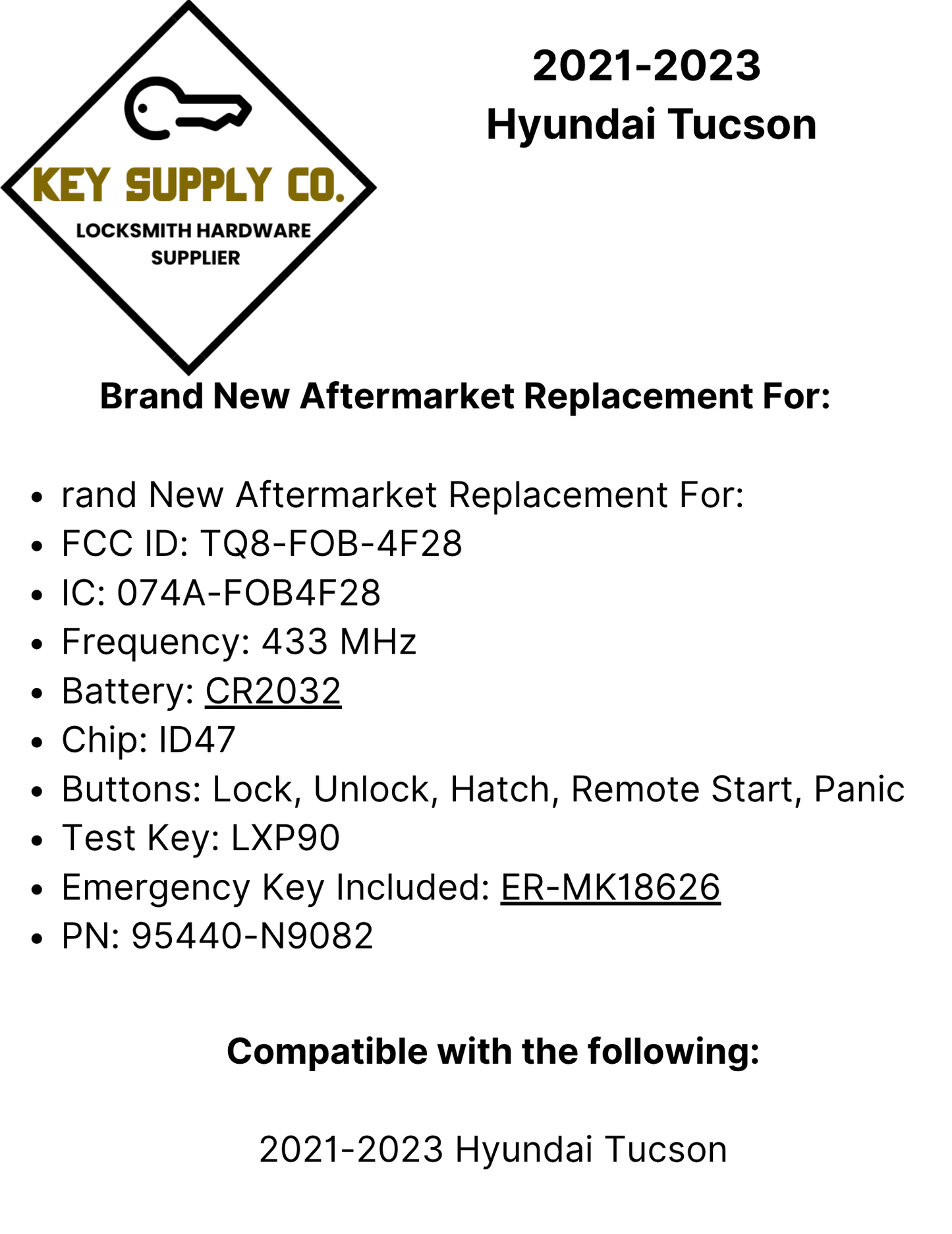 2021-2023 Hyundai Tucson / 7-Button Smart Key / PN: 95440-N9082 / TQ8-FOB-4F28 (Aftermarket)
