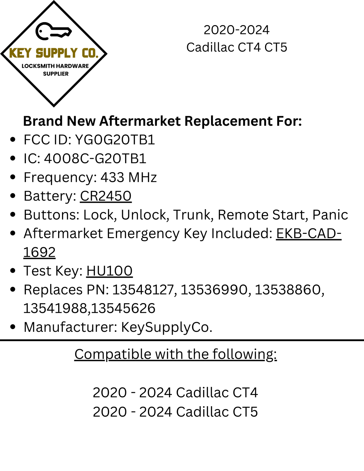 2020-2024 Cadillac CT4 CT5 / 5-Button Smart Key / PN: 13538860 / YG0G20TB1 (AFTERMARKET)