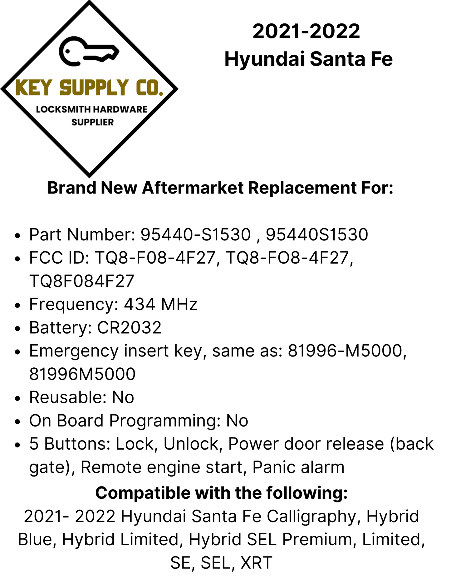 2021-2022 Hyundai Santa Fe PN: 95440-S1530 /TQ8-F08-4F27 (AFTERMARKET)