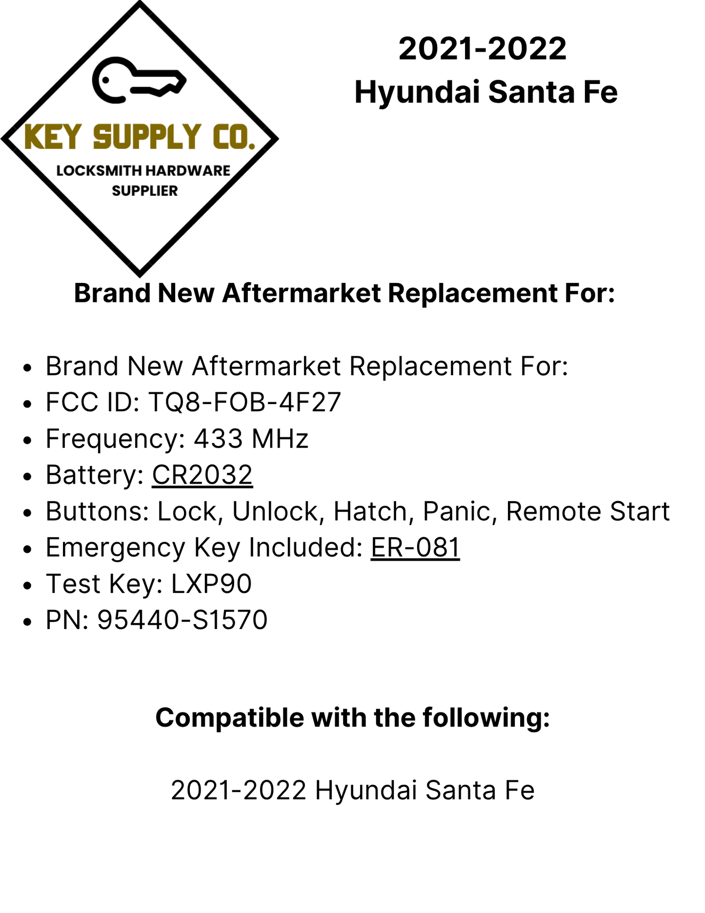2021-2022 Hyundai Santa Fe / 5-Button Smart Key / PN: 95440-S1570 / TQ8-FOB-4F27 (Aftermarket)