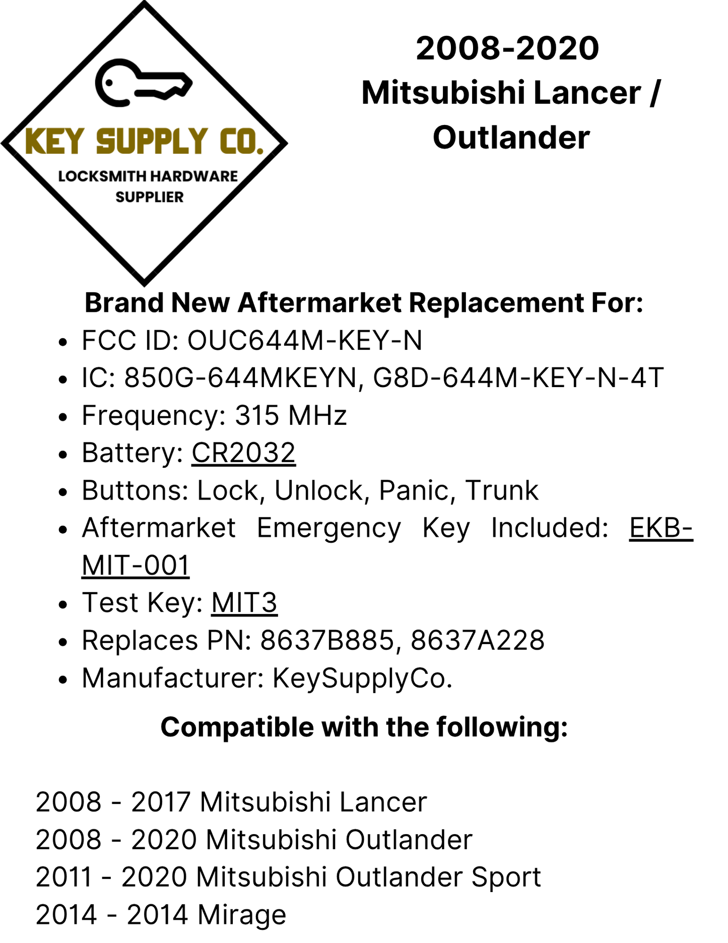 2008-2020 Mitsubishi Lancer / Outlander / 4-Button Smart Key / PN: 8637B885 / OUC644M-KEY-N (AFTERMARKET)