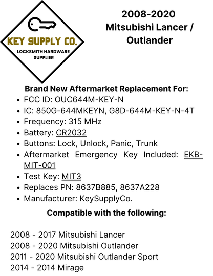 2008-2020 Mitsubishi Lancer / Outlander / 4-Button Smart Key / PN: 8637B885 / OUC644M-KEY-N (AFTERMARKET)