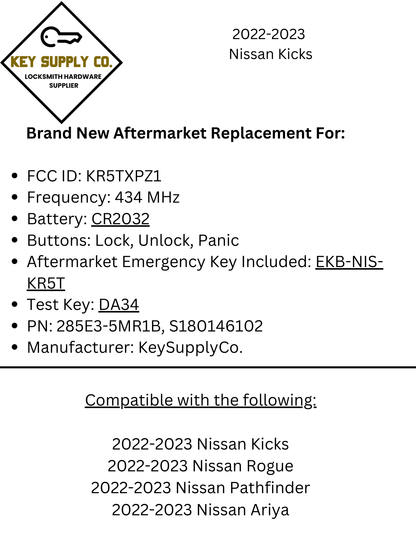 2022-2023 Nissan Ariya Kicks Rogue Pathfinder / 3-Button Smart Key / PN: 285E3-5MR1B / KR5TXPZ1 (AFTERMARKET)