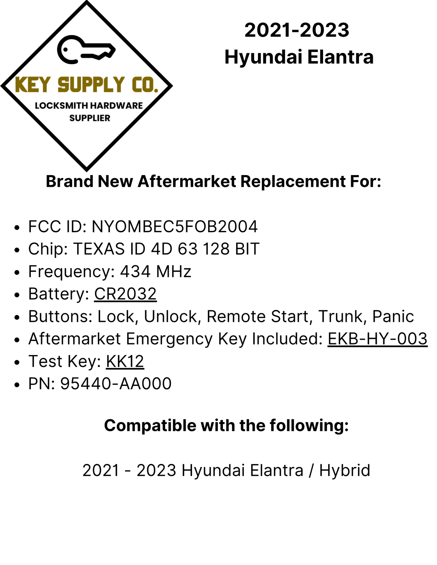 2021-2023 Hyundai Elantra / 5-Button Smart Key / PN: 95440-AA000 / NYOMBEC5FOB2004 (AFTERMARKET)
