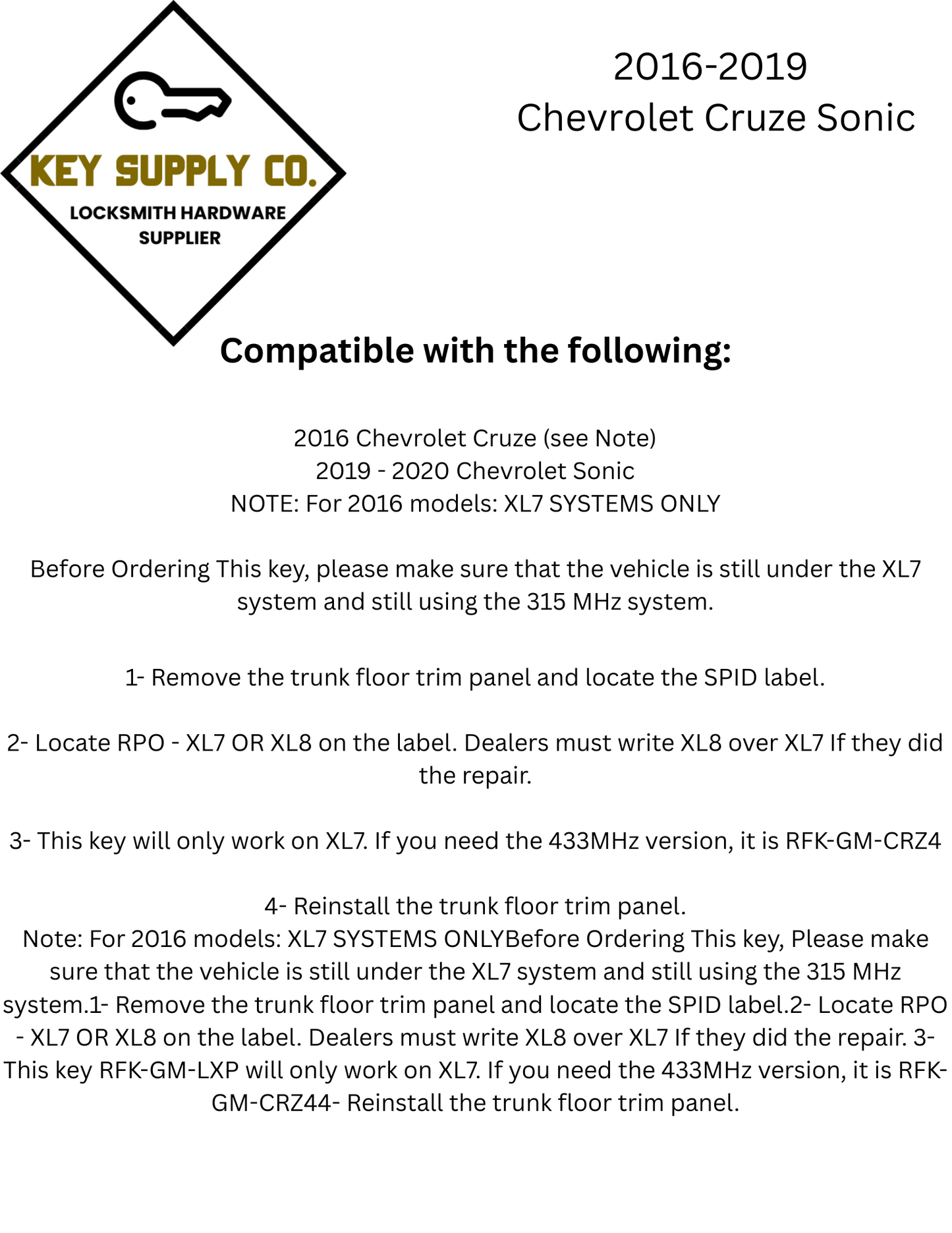 2016-2019 Chevrolet Cruze Sonic / 4-Button Flip Key / PN: 13588756 / LXP-T003 / 315 MHz / XL7 (AFTERMARKET)