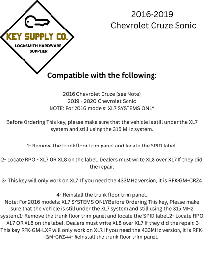 2016-2019 Chevrolet Cruze Sonic / 4-Button Flip Key / PN: 13588756 / LXP-T003 / 315 MHz / XL7 (AFTERMARKET)