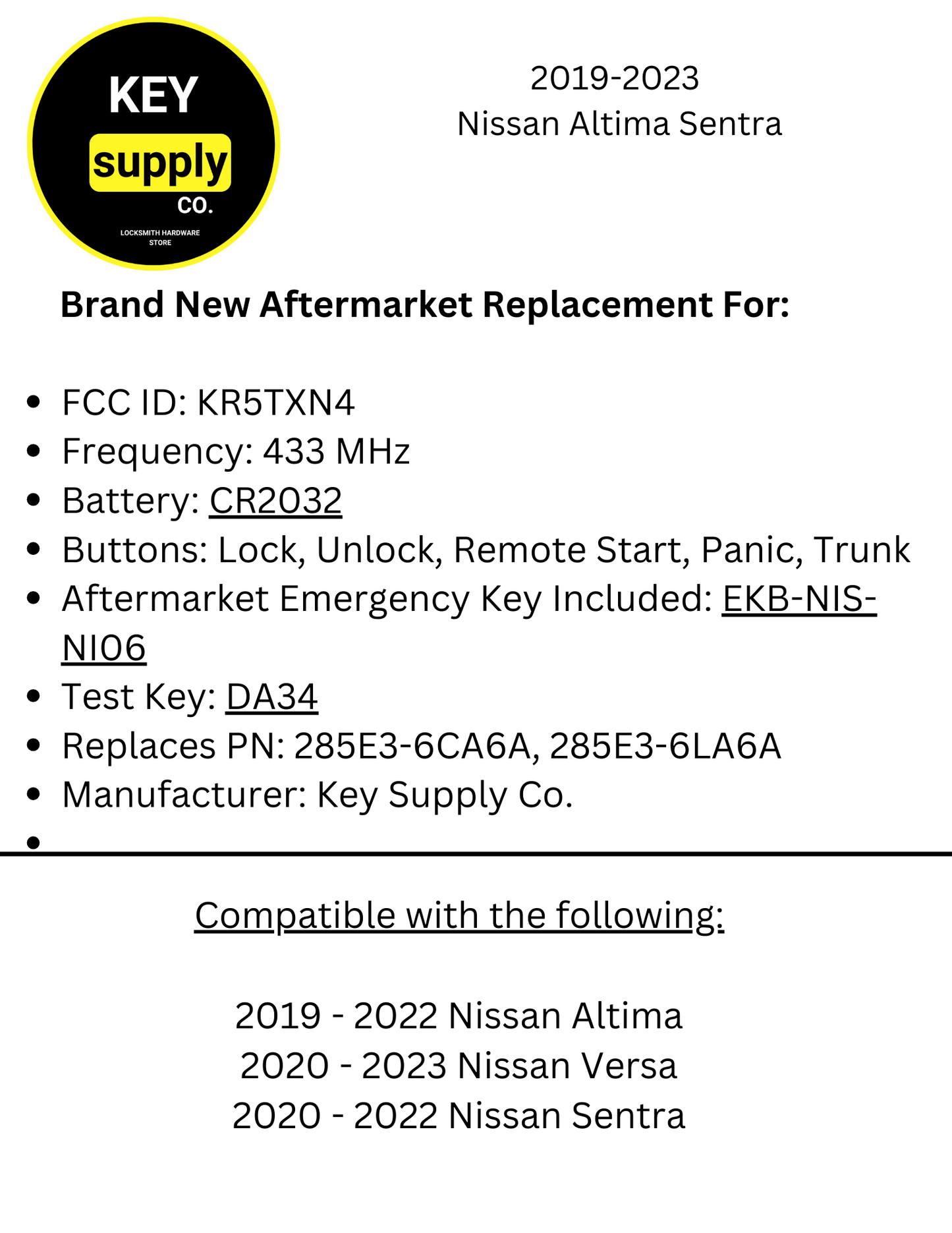 2019-2023 Nissan Altima Sentra / 5-Button Smart Key / PN: 285E3-6CA6A / S180144803 / KR5TXN4 (AFTERMARKET)