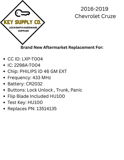 2016-2019 Chevrolet Cruze / 4-Button Flip Key / PN: 13514135 / LXP-T004 / 433 MHz / XL8 (AFTERMARKET)
