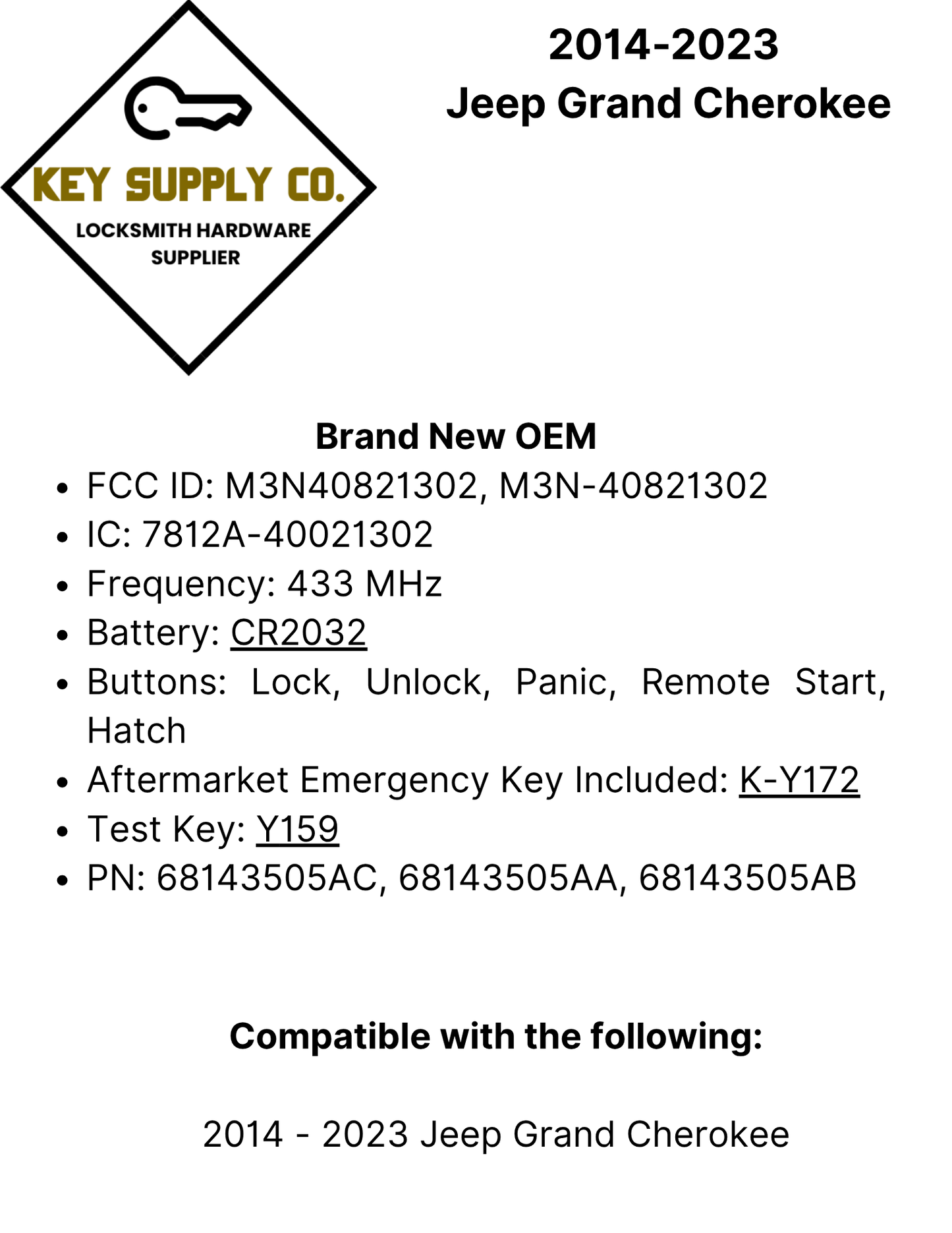 2014-2023 Jeep Grand Cherokee / 5-Button Smart Key / PN: 68143505AC / M3N40821302 (OEM)