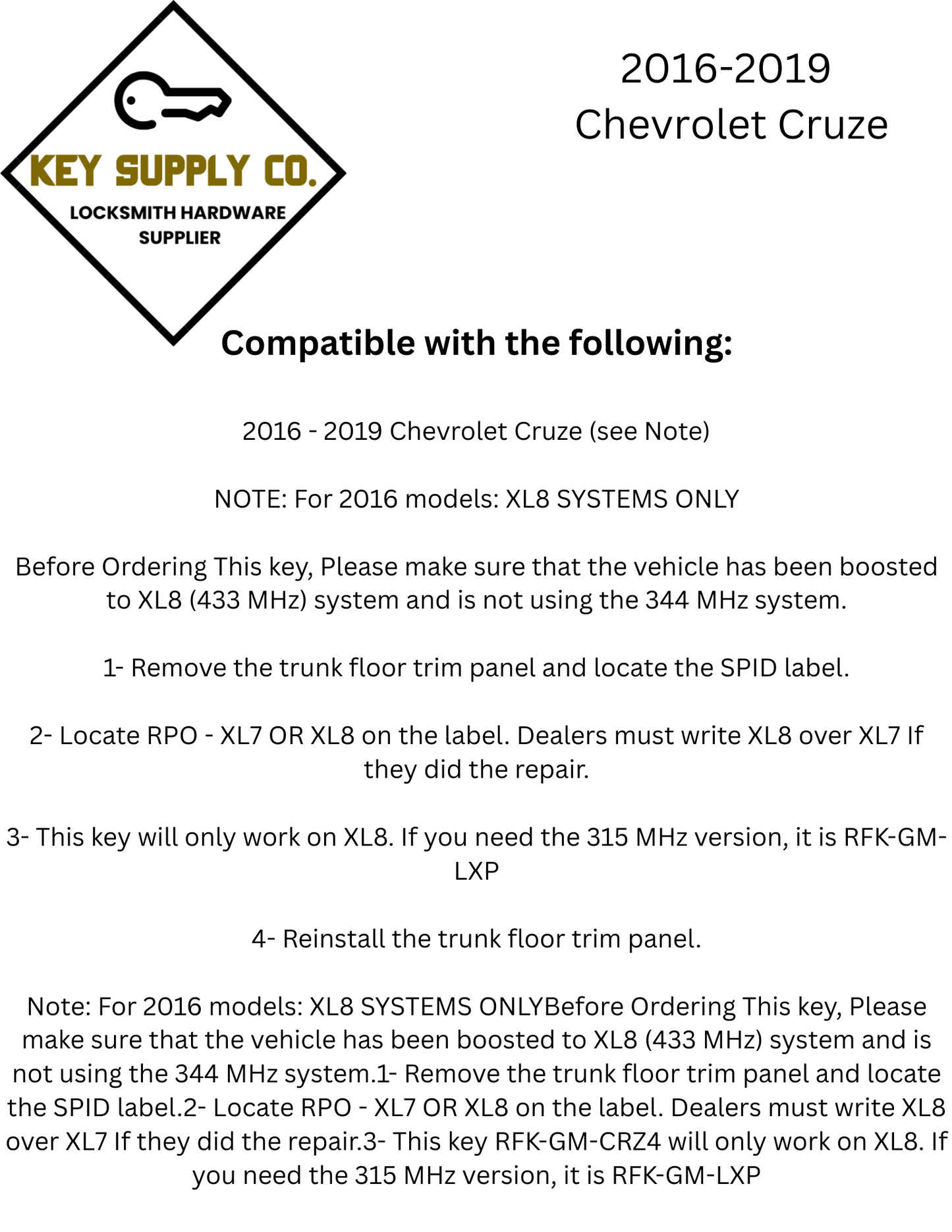 2016-2019 Chevrolet Cruze / 4-Button Flip Key / PN: 13514135 / LXP-T004 / 433 MHz / XL8 (AFTERMARKET)