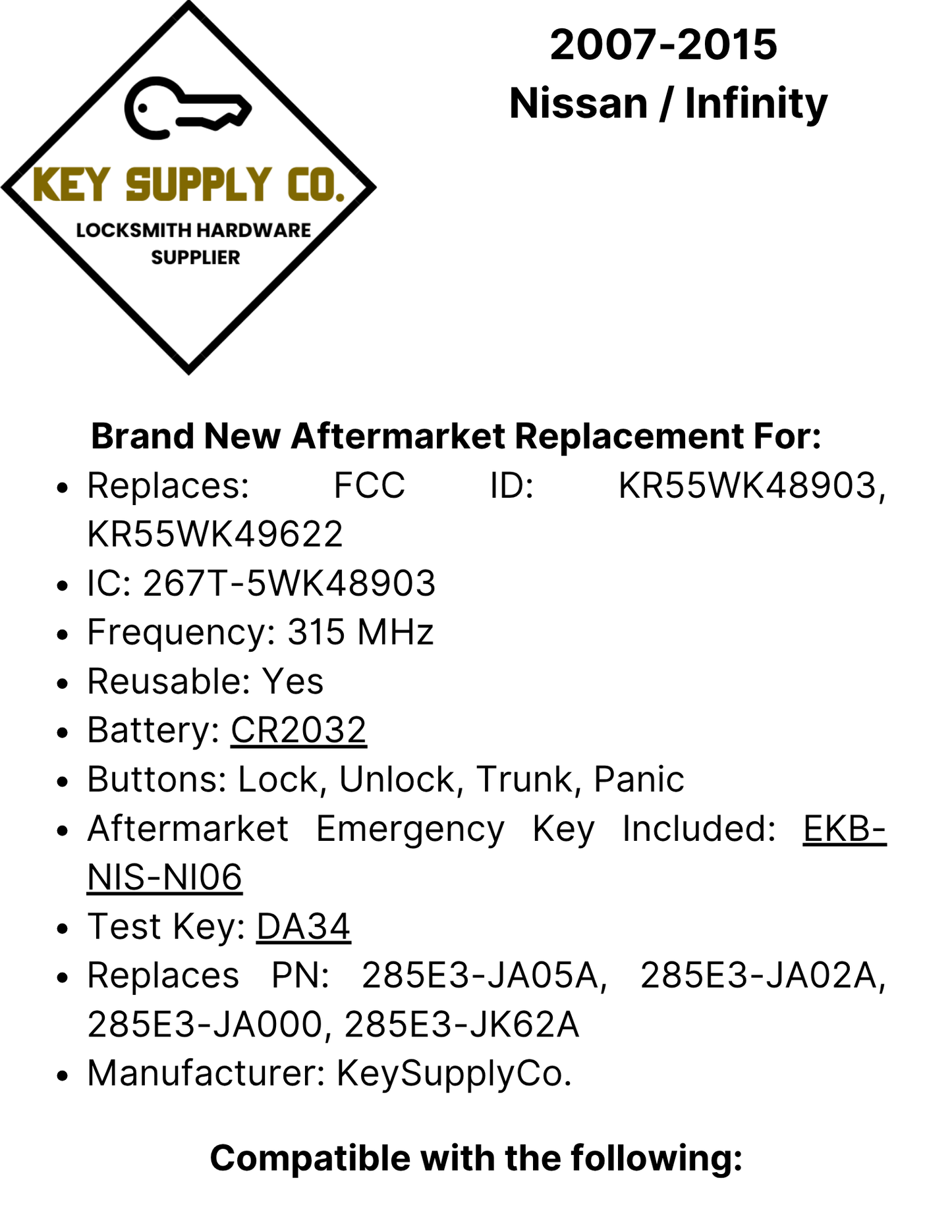 2007-2015 Nissan / Infiniti / 4-Button Smart Key / KR55WK48903 (9622) / (AFTERMARKET)