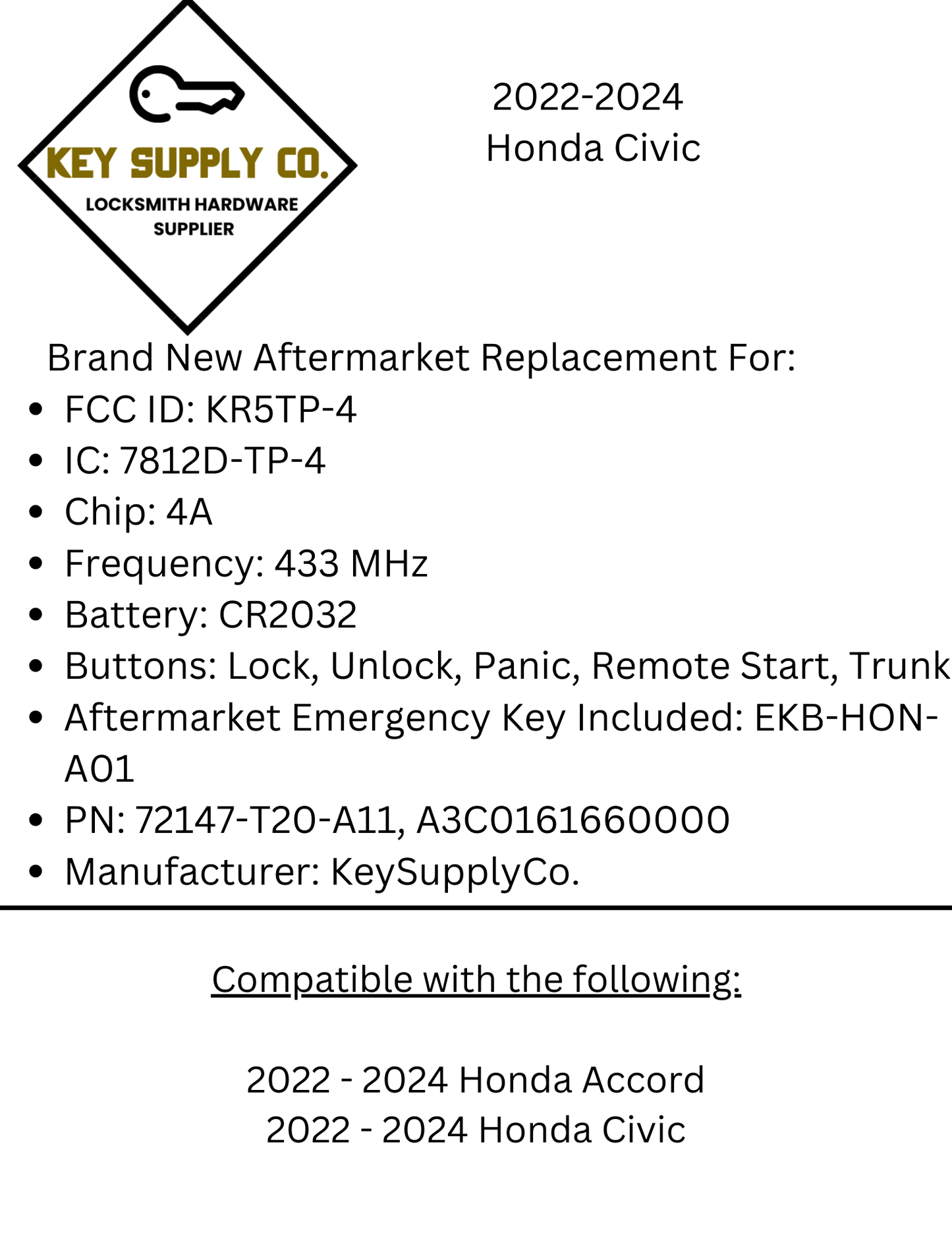 2022-2024 Honda Accord / 5-Button Smart Key / PN: 72147-T20-A11 / KR5TP-4 (AFTERMARKET)