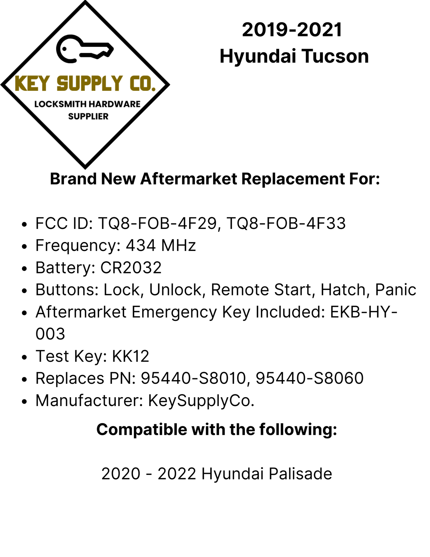 2020-2022 Hyundai Palisade / 5-Button Smart Key / PN: 95440-S8010 / TQ8-FOB-4F29 / 4F33 (AFTERMARKET)