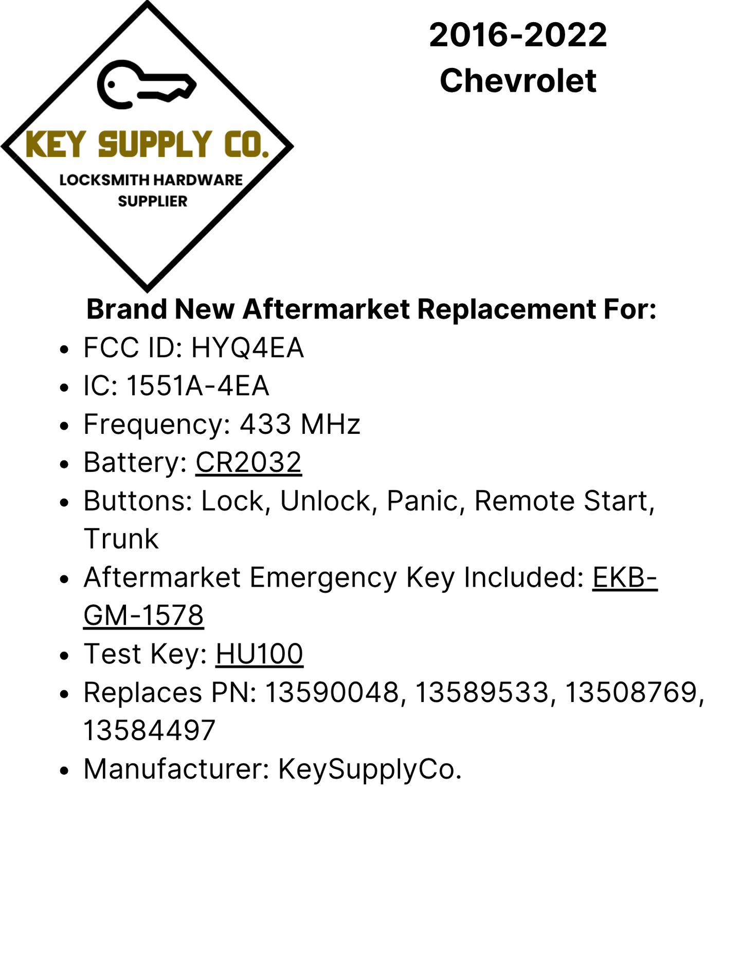 2016-2022 Chevrolet / 5-Button Smart Key / 13508769 / HYQ4EA (AFTERMARKET)