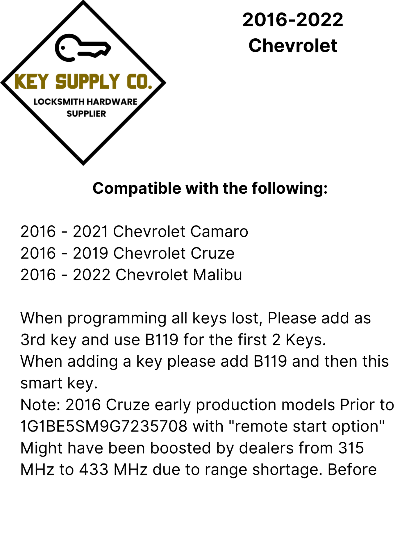 2016-2022 Chevrolet / 5-Button Smart Key / 13508769 / HYQ4EA (AFTERMARKET)