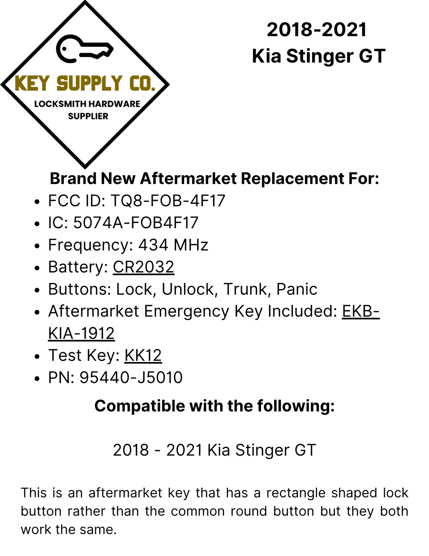 2018-2021 Kia Stinger GT / 4-Button Smart Key / PN: 95440-J5010 / TQ8-FOB-4F17 (AFTERMARKET)
