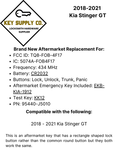 2018-2021 Kia Stinger GT / 4-Button Smart Key / PN: 95440-J5010 / TQ8-FOB-4F17 (AFTERMARKET)