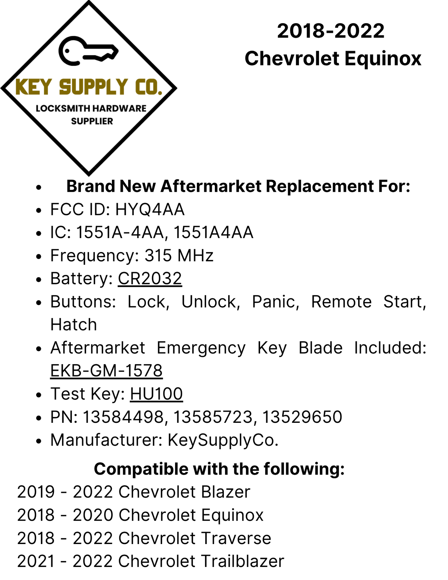 2018-2022 Chevrolet Equinox / 5-Button Smart Key / PN: 13584498 / HYQ4AA (AFTERMARKET)