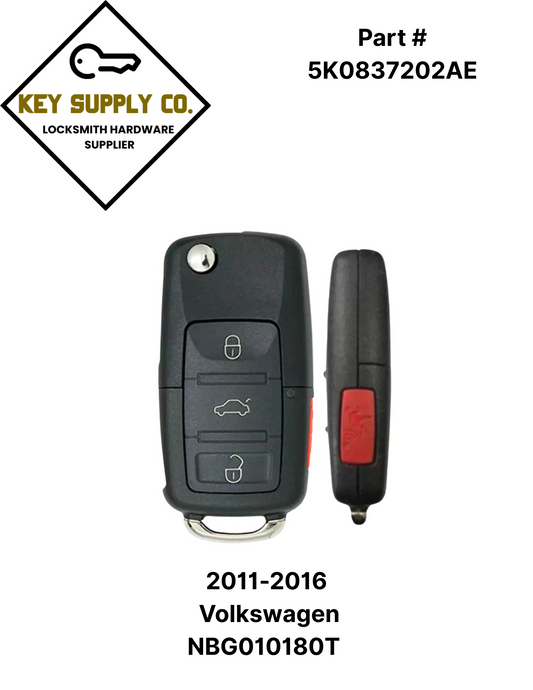 2011-2016 Volkswagen / 4-Button Remote Flip Key / 5K0837202AE / NBG010180T / 315 MHz (AFTERMARKET)