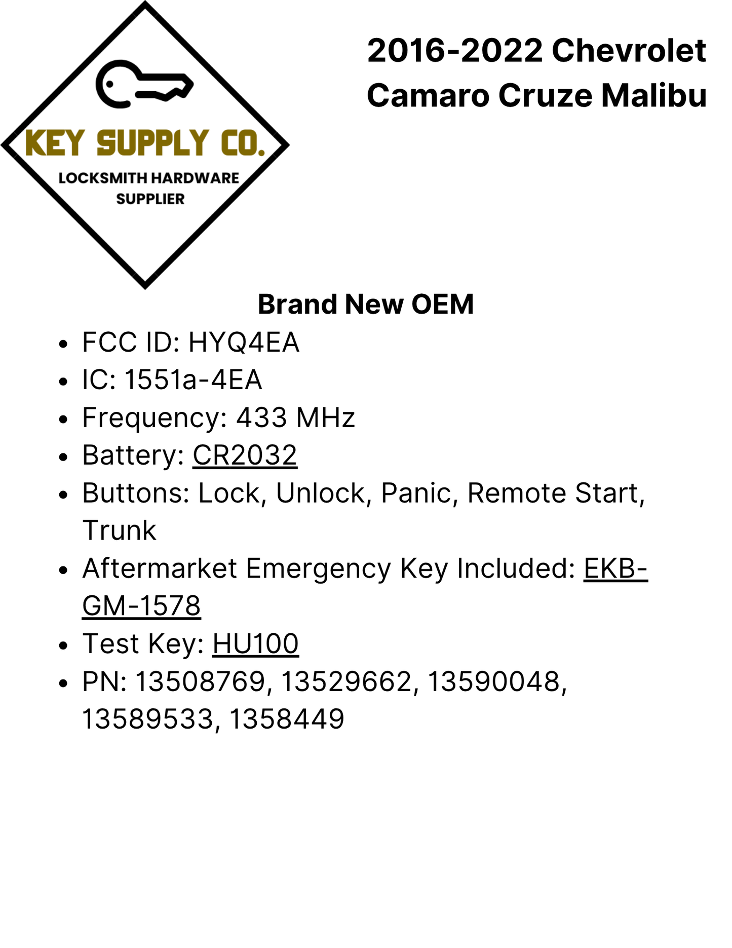 2016-2022 Chevrolet Camaro Cruze Malibu / 5-Button Smart Key / PN: 13529662 / HYQ4EA (OEM)