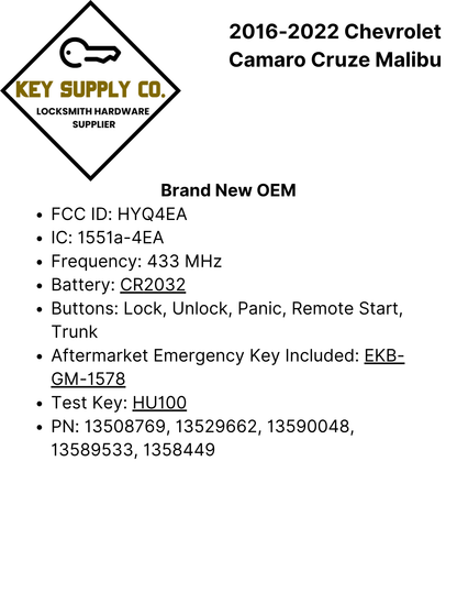 2016-2022 Chevrolet Camaro Cruze Malibu / 5-Button Smart Key / PN: 13529662 / HYQ4EA (OEM)