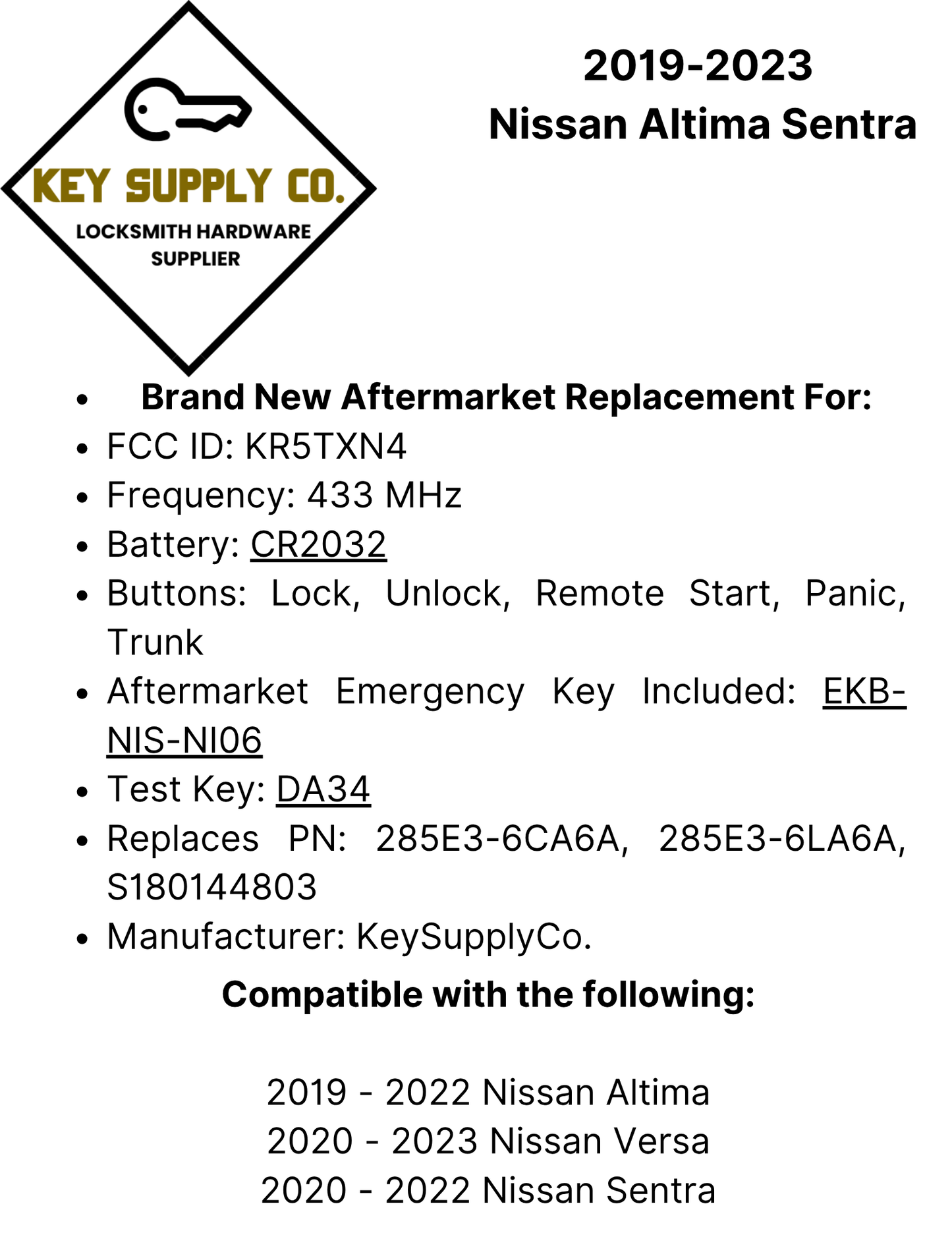 2019-2023 Nissan Altima Sentra / 5-Button Smart Key / PN: 285E3-6CA6A / KR5TXN4 (AFTERMARKET)
