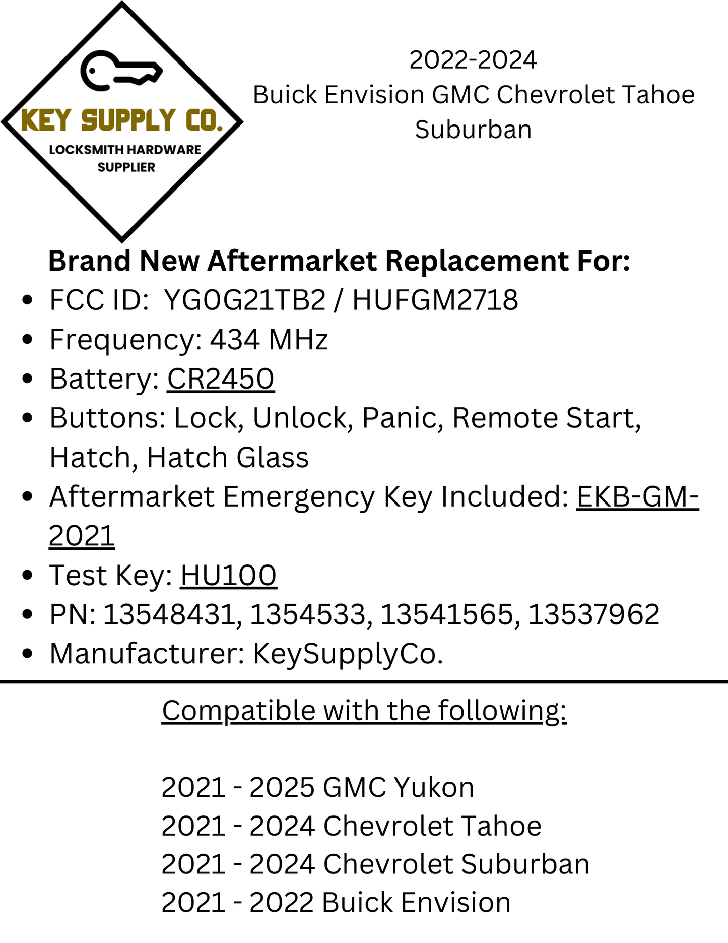 2021-2025 Buick Envision GMC Yukon Chevrolet Tahoe Suburban / 6-Button Smart Key / PN: 13541562 / HUFGM2718 (AFTERMARKET)