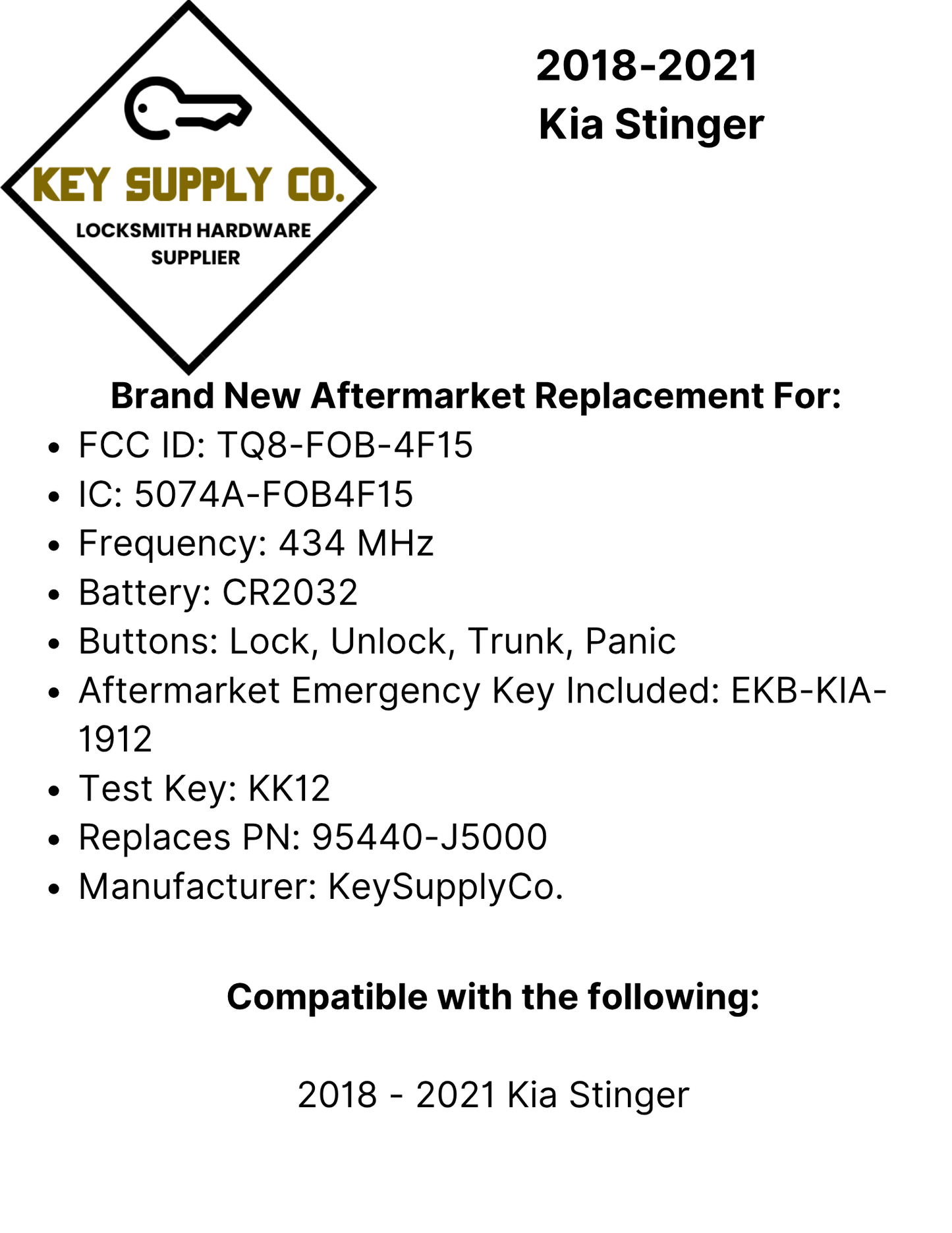 2018-2021 Kia Stinger / 4-Button Smart Key / PN: 95440-J5000 / TQ8-FOB-4F15 (AFTERMARKET)