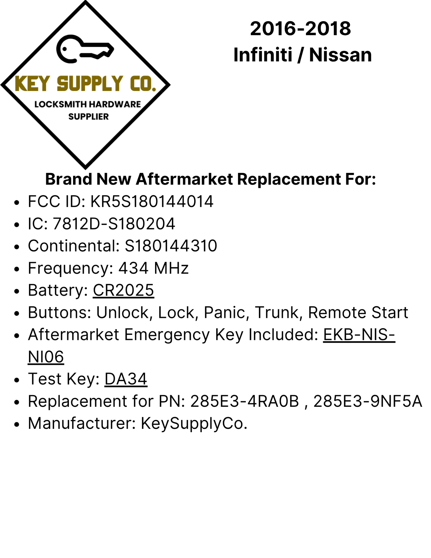 2016-2018 Infiniti / Nissan / 5-Button Smart Key / PN: 285E3-4RA0B / KR5S180144014 / S180144310 / (IC 204) (AFTERMARKET)