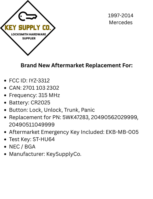 1997-2014 Mercedes Benz / 4-Button Fobik Key / IYZ-3312 / 315 MHz (Single Battery) (AFTERMARKET)